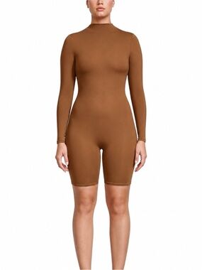 NWT SKIMS Long Sleeve Mock Neck Stretch Romper  shape wear Caramel Size Larg